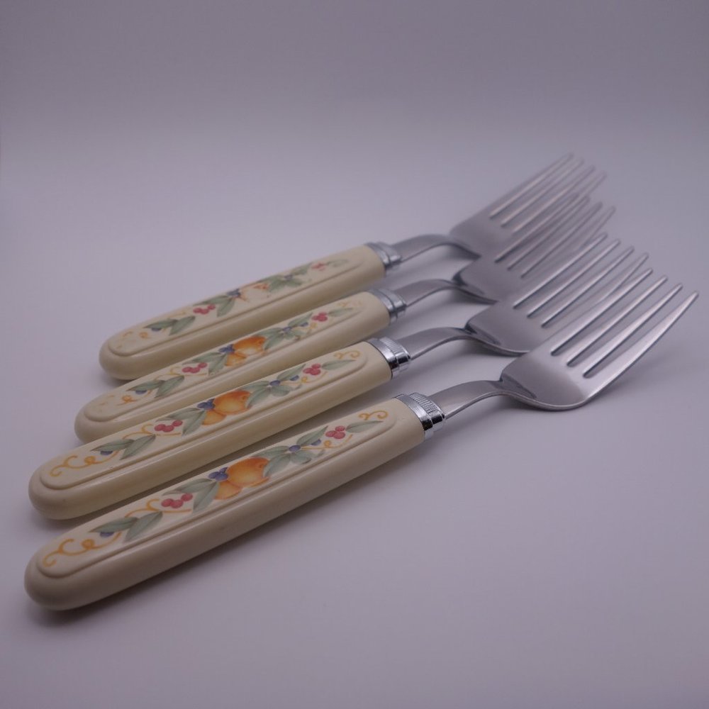 Vintage Four(4) Stainless Taiwan Forks with Plastic Handles with Pattern
